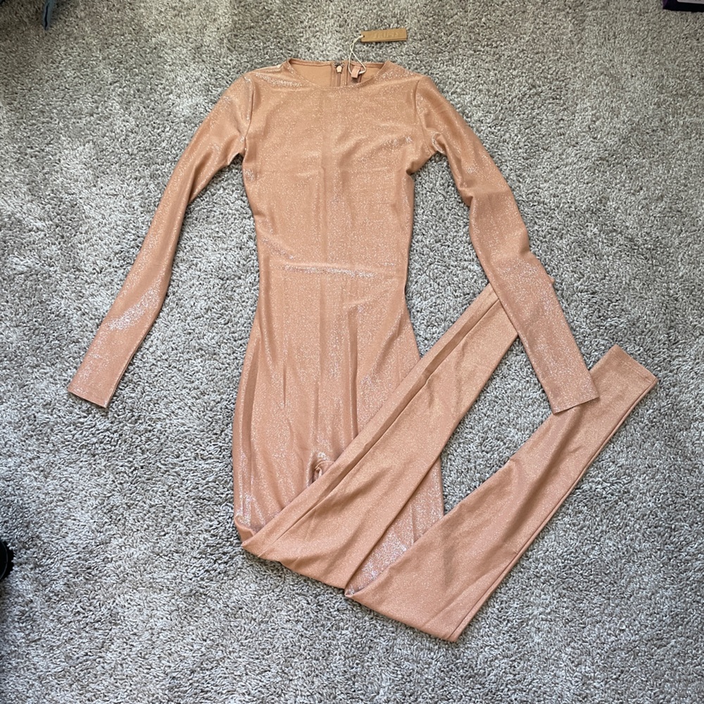 Shimmer Long-Sleeve Jumpsuit in Rose Gold